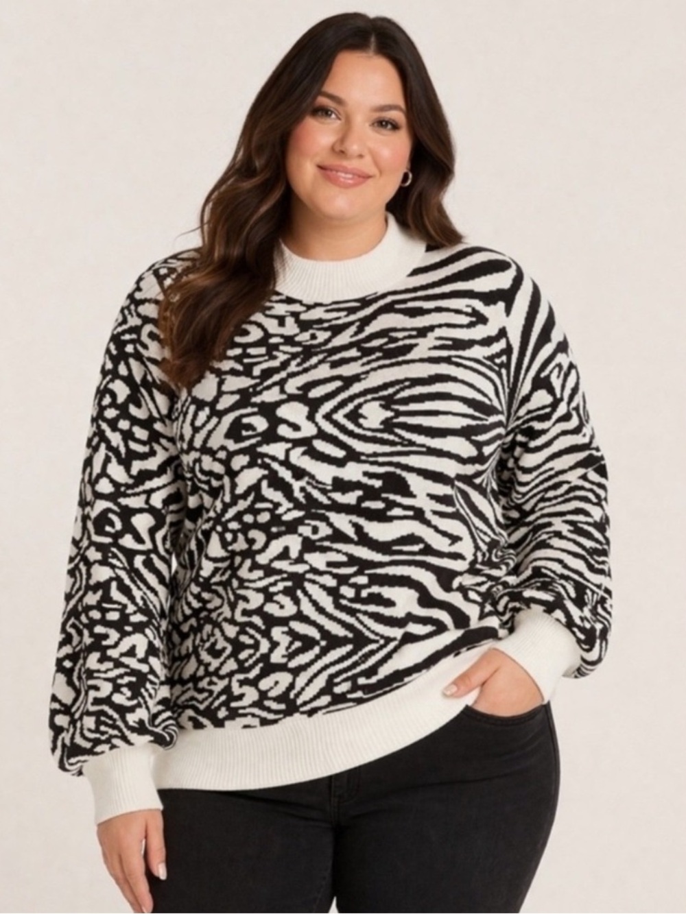 Adyson Parker Pattern Mock Neck Sweater‎ Black White 2X Modern Chic Edgy Casual
